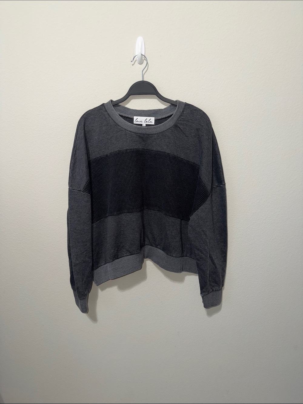 NWOT Charcoal Waffle-Panel Crewneck Sweater. US1